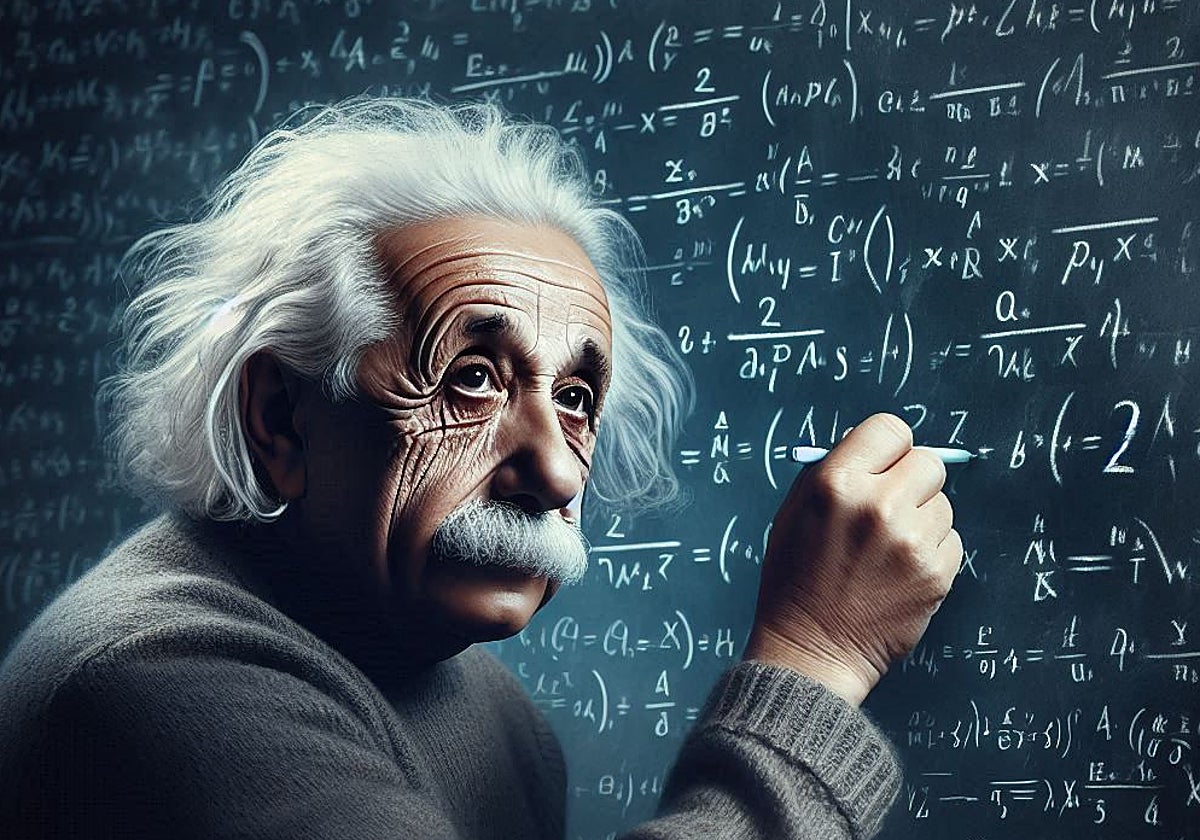 En la ilustración, Albert Einstein ante una pizarra llena de ecuaciones