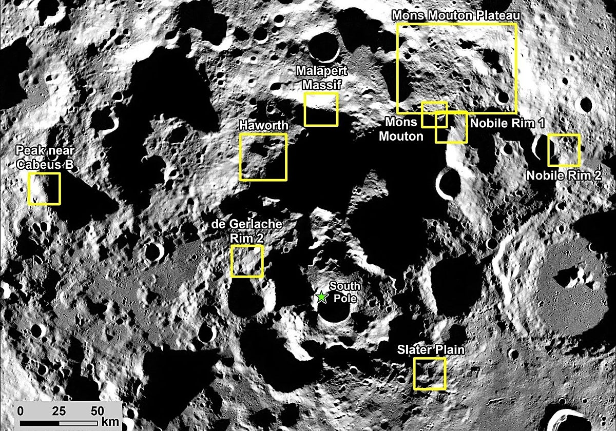 La imagen, un mosaico de distintas fotografías de la nave Lunar Reconnaissance Orbiter, muestra nueve posibles regiones de aterrizaje para la misión Artemis IIl, de la NASA