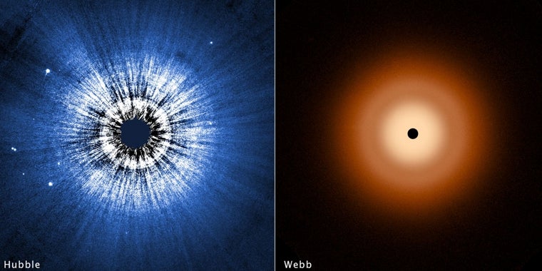 A la izquierda, la imagen de Vega conseguida por el Hubble y en la que no se observan planetas. A la derecha, lla foto del James Webb muestra una desconcertante textura totalmente lisa y regular