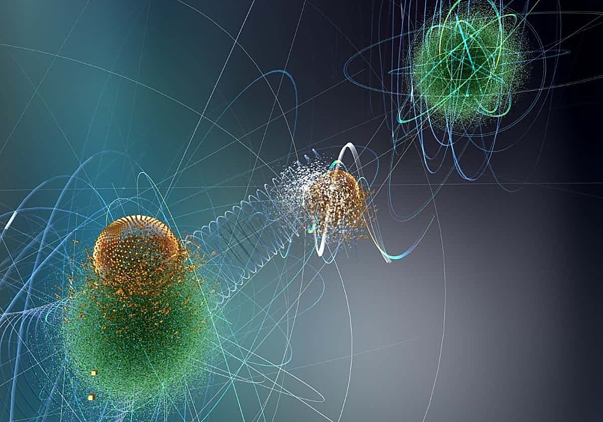 En la ilustración, teleportación cuántica entre dos partículas