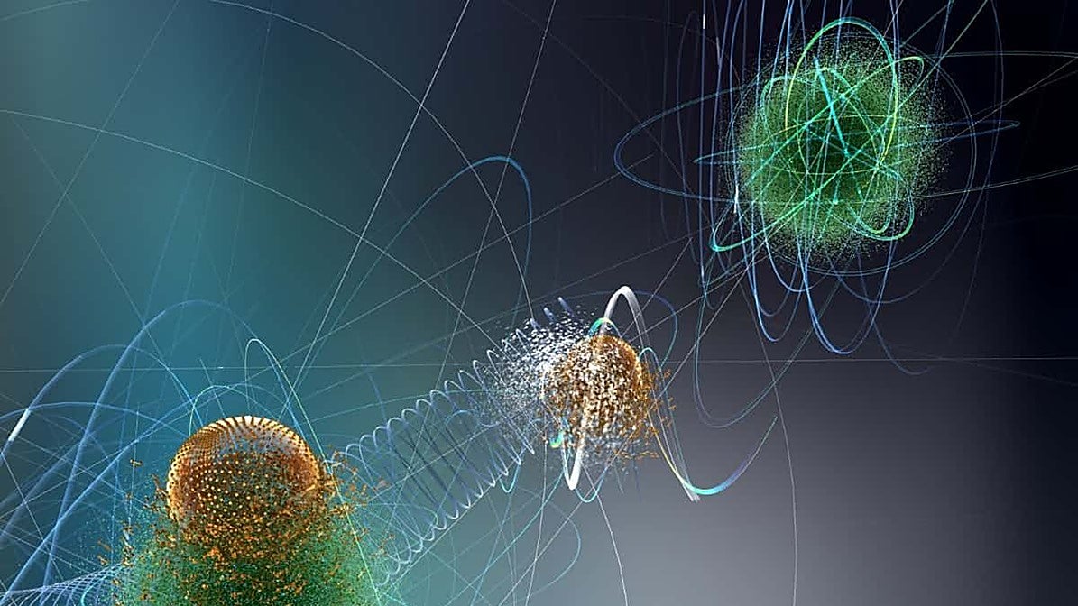 En la ilustración, teleportación cuántica entre dos partículas