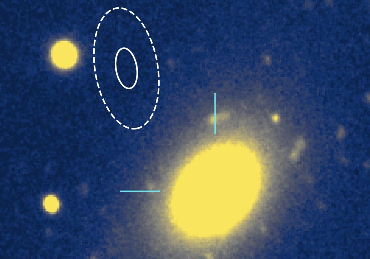 La ubicación del misterioso FRB 20240209A, en los círculos blancos ovalados, parece estar 'en ninguna parte' en las afueras de una galaxia elíptica muerta, abajo a la derecha