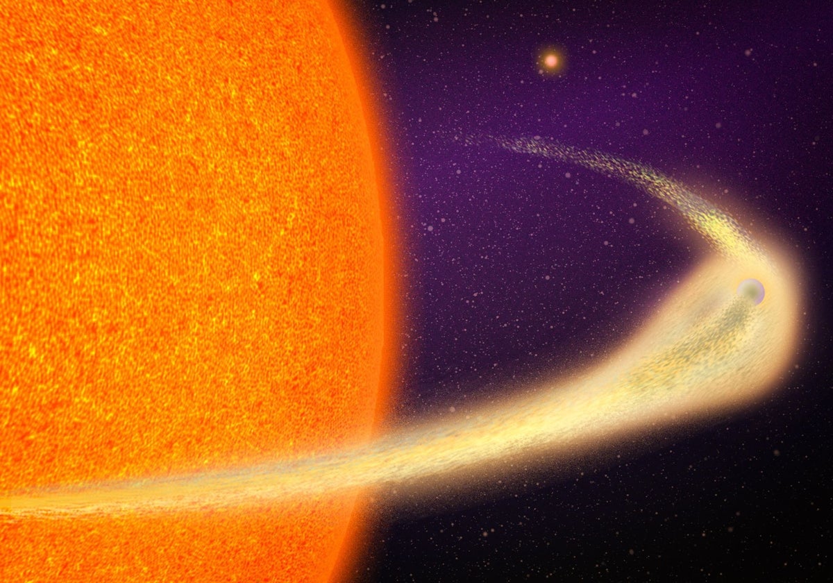 Un pequeño planeta se desintegra a medida que orbita alrededor de una estrella gigante. El material perdido forma una cola de más de 9 millones de km