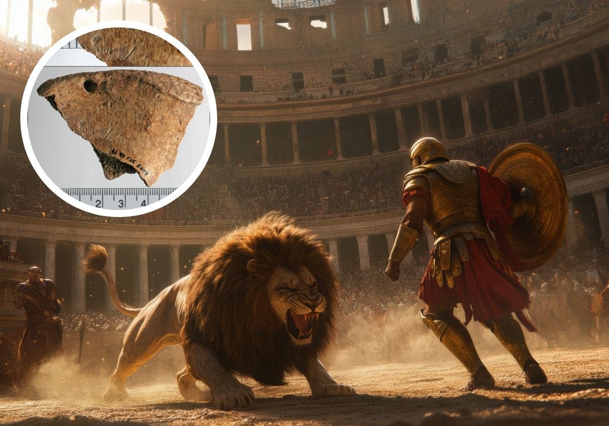 Recreación de la lucha de un gladiador con un león. En el círculo, una de las lesiones provocadas por el felino