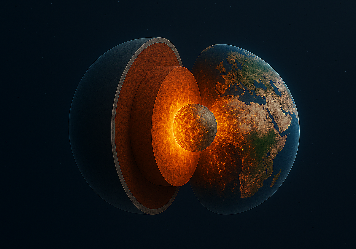 Representación gráfica de la estructura de las capas de la Tierra que muestra el núcleo interno metálico sobrecalentado en el centro, seguido por el núcleo externo sólido, el manto rocoso y la corteza delgada hacia la superficie