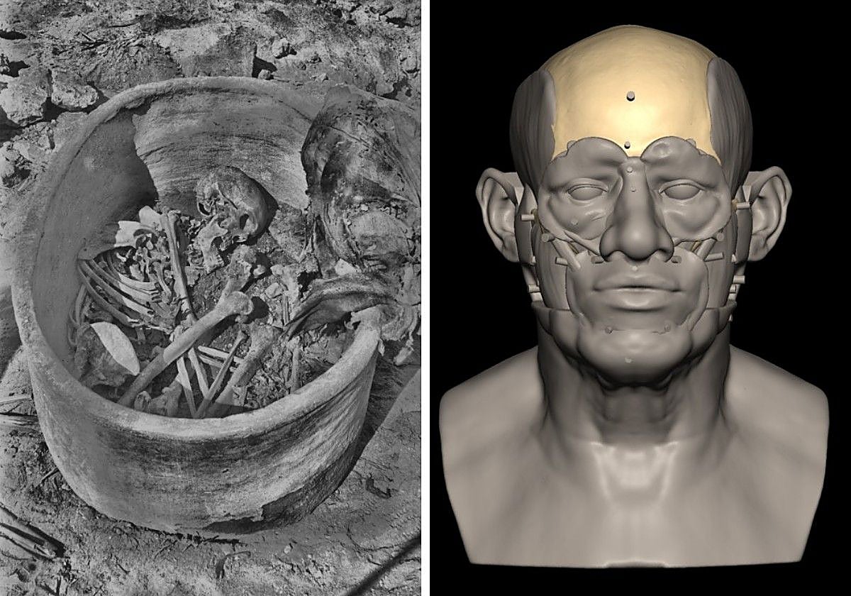 Ataúd de cerámica y restos arqueológicos del individuo de Nuwayrat, descubierto en 1902. Construcción facial mediante escaneo 3D del cráneo y análisis de los huesos