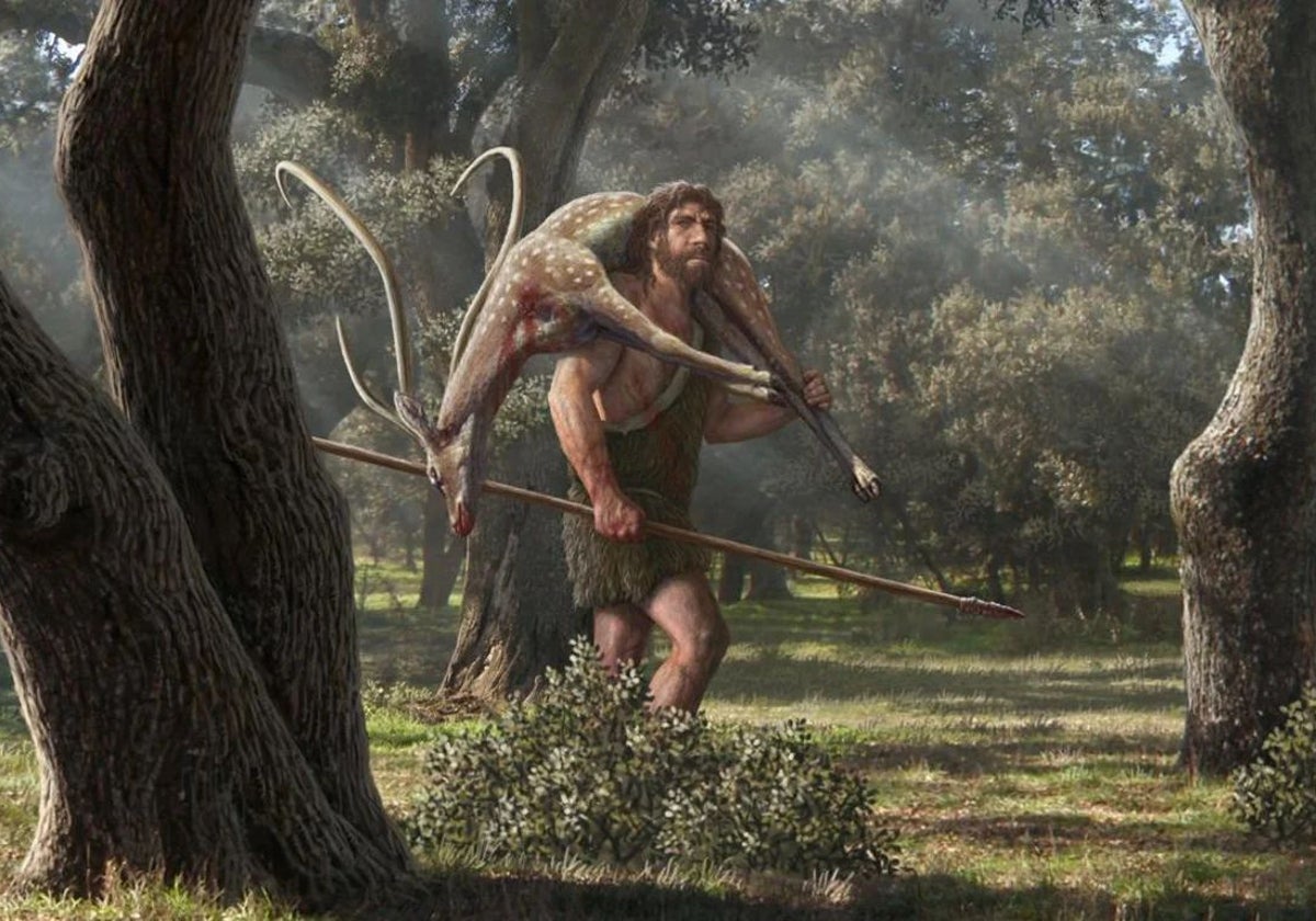 Ilustración de un neandertal de caza