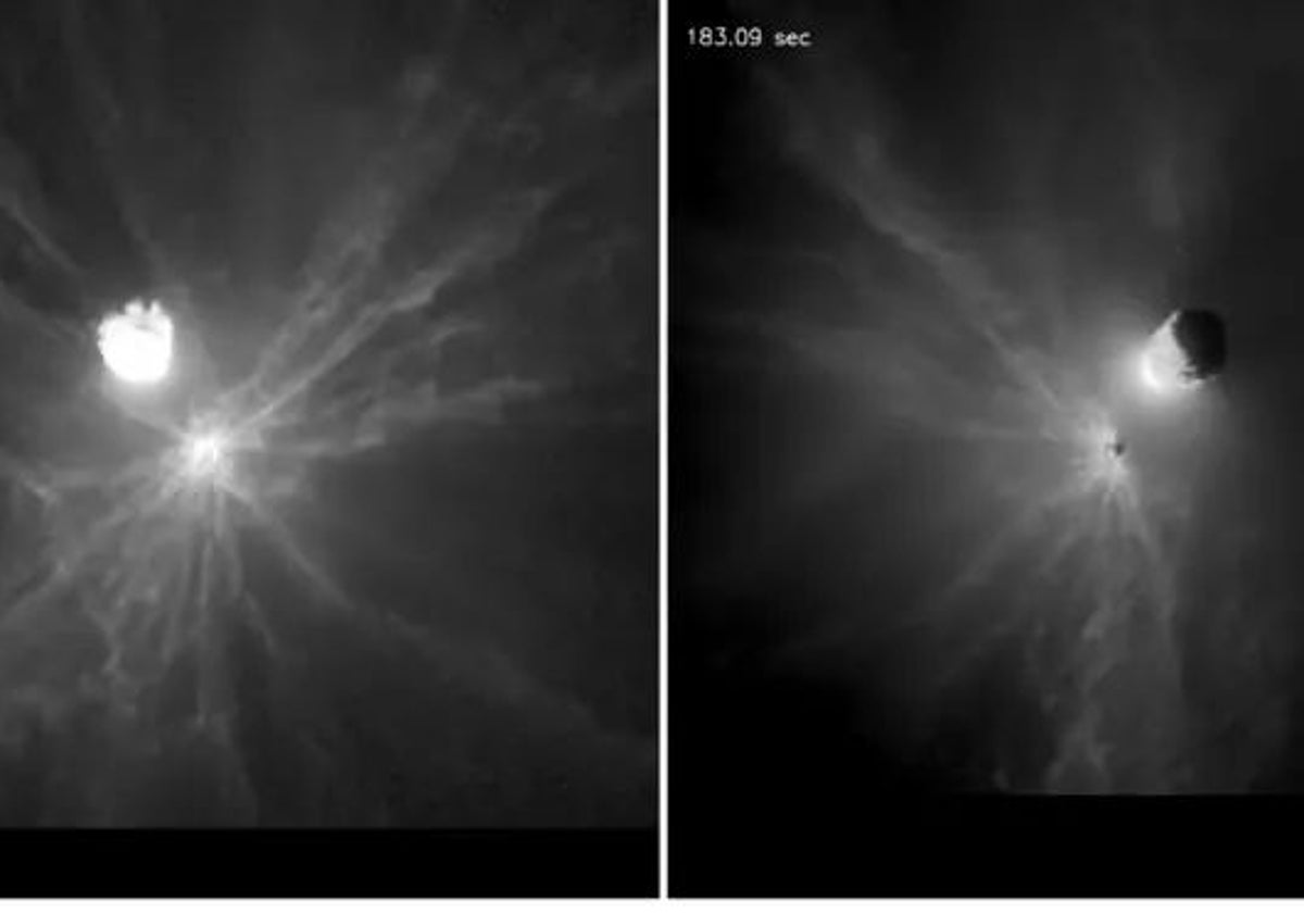 Imágenes de la eyección de escombros tres la colisión de la misión DART contra un asteroide