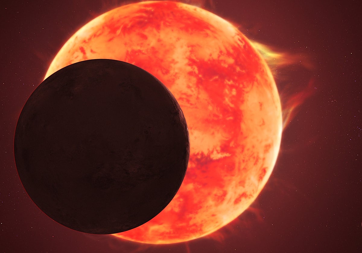 En la ilustración, el planeta TRAPPIST-1 d pasa frente a su turbulenta estrella