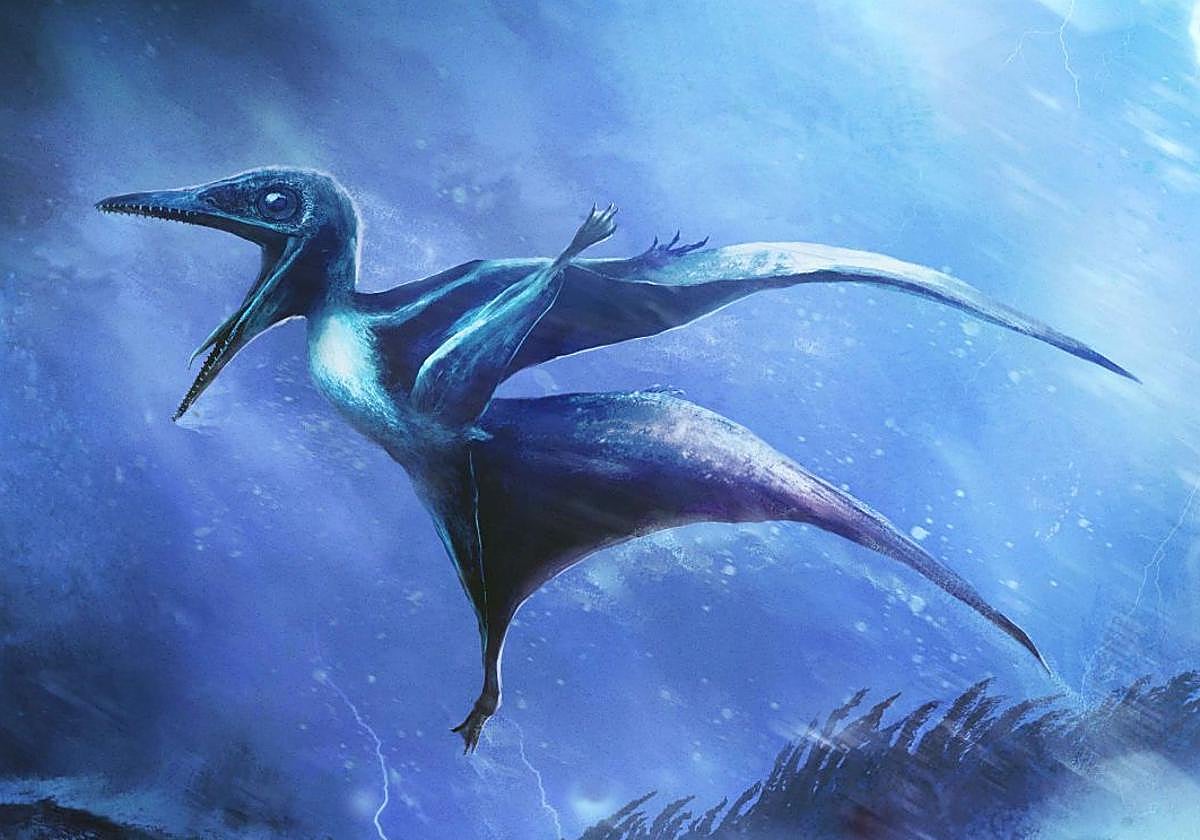 En la ilustración, una cría de pterodáctilo lucha contra la fuerza de una furiosa tormenta tropical
