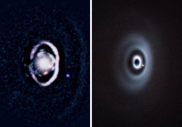 A la izquierda, el sistema WISPIT-2 fotografiado por el Telescopio Magallanes y el Gran Telescopio Binocular. El exoplaneta es la mancha azul de la derecha. A la derecha, WISPIT-2 fotografiado por el Very Large Telescope (VLT) del Observatorio Europeo del Sur (ESO). El planeta se distingue claramente en el interior del anillo oscuro
