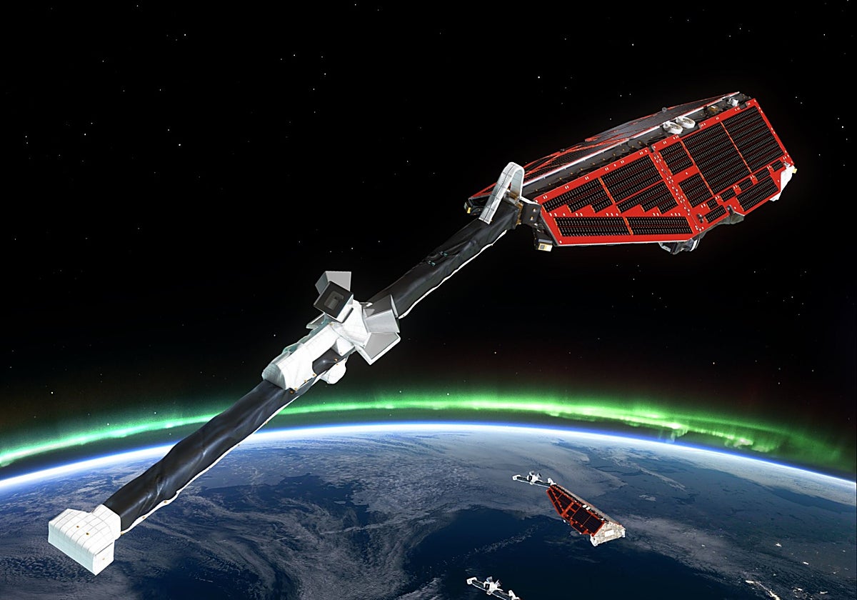 Constelación de los tres satélites gemelos de la misión europea Swarm