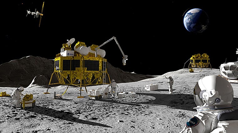 Uma imagem do Módulo Lunar Europeu com vários tripulantes trabalhando na superfície lunar.