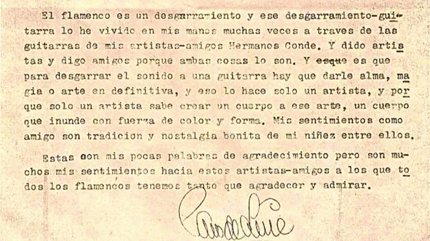 Carta de Paco de Lucía a la familia Conde