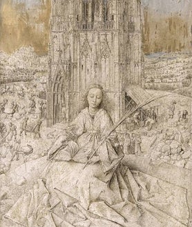 Imagen secundaria 2 - Arriba, ante la gran escalinata que da acceso al museo, se halla la 'Fuente profunda', de Cristina Iglesias, creada en 2006. Es una de las célebres ficciones vegetales de la escultora española. Abajo, detalles de dos de las joyas de la pinacoteca: 'Virgen con el Niño y ángeles', de Fouquet, y 'Santa Bárbara', un dibujo de Jan van Eyck 