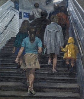 Imagen secundaria 2 - Tres pinturas de Amalia Avia. Arriba, 'La casa de Cristina' (1983). Colección Cristina Alberdi. Abajo, de izquierda a derecha, 'El Japón en Los Ángeles' (1995) y 'Escaleras del Metro' (1971). Ambas, Colección Familia Muñoz Avia