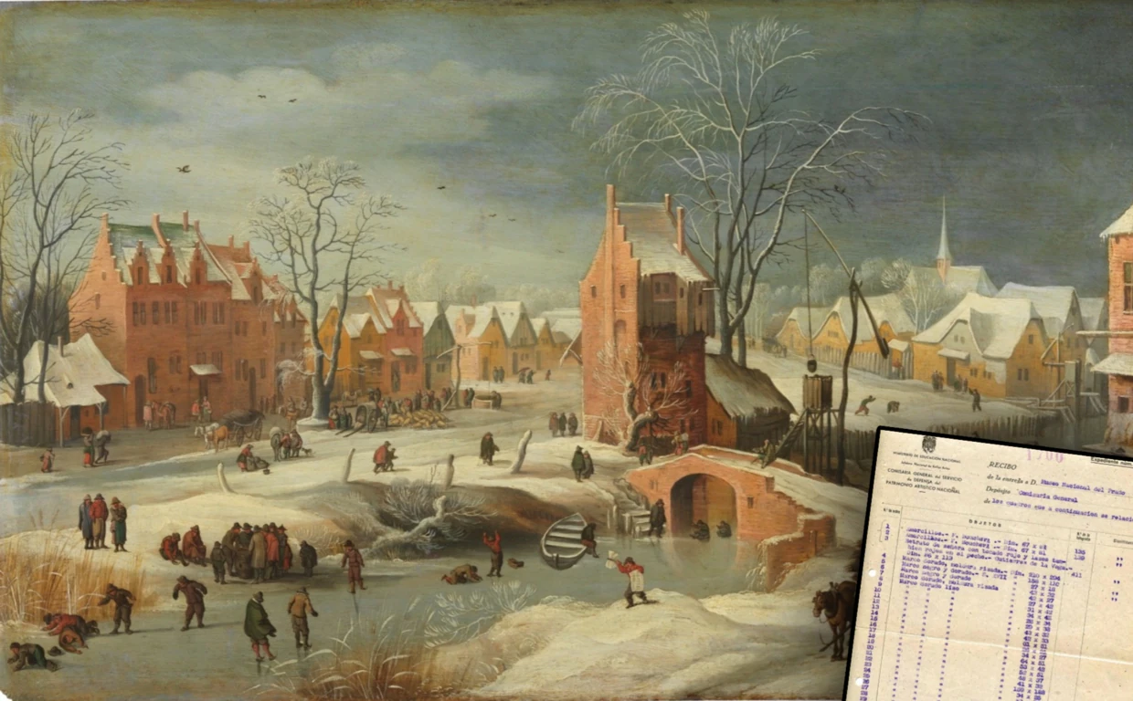 El cuadro 'Paisaje nevado', atribuido a Jan Brueghel el Joven, y un detalle de los documentos aportados por el Museo del Prado