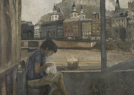 Imagen secundaria 1 - Arriba, 'La casa de Cristina' (1983). Sobre estas líneas, 'Autorretrato en Salzburgo' (1960) y detalle de 'Mi casa' (1976)