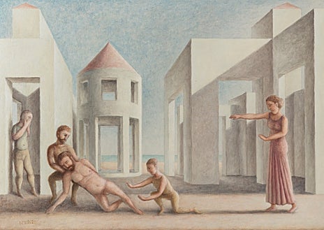 Imagen secundaria 1 - Sobre estas líneas, obras de Guillermo Pérez Villalta (Sala Parés) y Jean Denant (Rocía SantaCruz). Arriba, dos personas contemplan las delicadas propuestas de Joana Escoval en Bombón