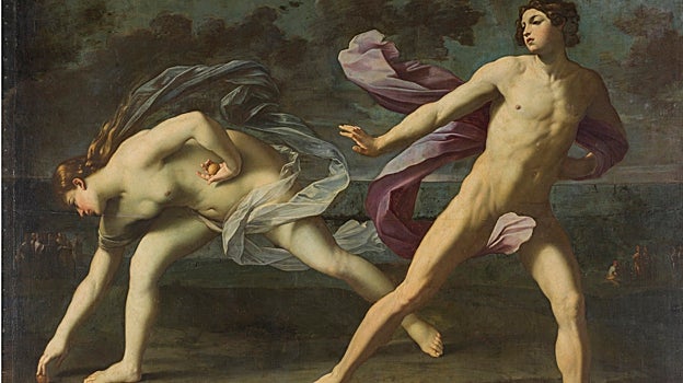 Imagen antes - A la izquierda, 'Hipómenes y Atalanta', de Guido Reni, antes de su restauración, aún con los barnices oxidados que amarilleaban la composición. A la derecha, el hermoso cuadro luce espléndido tras su restauración por parte de Almudena Sánchez