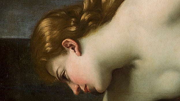 Imagen después - Detalle del hermosísimo perfil de Atalanta pintado por Guido Reni. A la izquierda, antes de la restauración, se aprecia la fina costura que une los dos lienzos y que provocó una pérdida de pintura que ha sido restituida (a la derecha, ya restaurada)