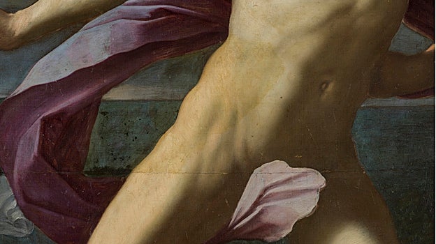 Imagen antes - La restauración llevada a cabo por Almudena Sánchez ha desvelado la nitidez de las carnaciones elaboradas a base de sutiles sombras con las que Guido Reni modela estos cuerpos en movimiento