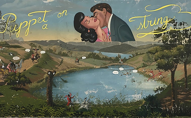 Imagen principal - Sobre estas líneas, maqueta de la primera sede de la galería Espacio Mínimo, homenaje de martí Cormand, y pieza escultórica de Jan Fabre. Arriba, lienzo de Nono Bandera