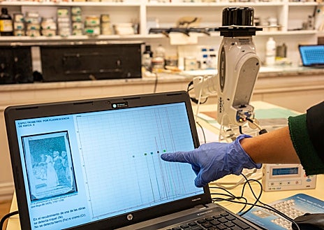 Imagen secundaria 1 - Arriba, Laura Alba, del Gabinete de Documentación Técnica del Prado, identifica los recubrimientos de las planchas de Goya. Sobre estas líneas, de izquierda a derecha, Alba analizando los resultados en el ordenador, y una de las 13 matrices que atesora Calcografía Nacional de 