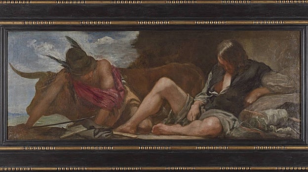 Imagen después - A la izquierda, 'Mercurio y Argos', de Velázquez, con las bandas añadidas en el siglo XVIII (de unos 25 centímetros en su parte superior y de unos 10 centímetros en la inferior) y aún con el marco antiguo. A la derecha, las bandas añadidas quedan ocultas gracias al nuevo marco y solo vemos la pintura original del maestro sevillano