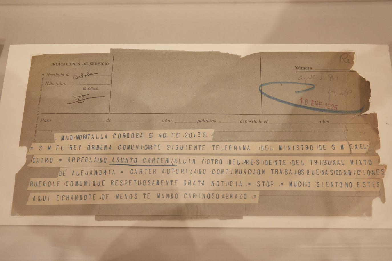 Telegrama que revela las gestiones del duque de Alba para que el rey Alfonso XIII intercediera a favor de Howard Carter ante las autoridades egipcias