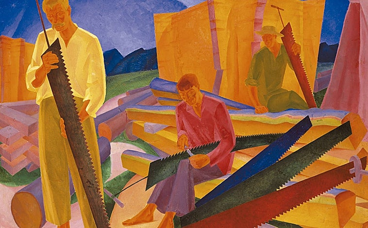 Imagen principal - Arriba, 'Afilando las sierras', de Oleksandr Bohomazov. Sobre estas líneas, obras de Sonia Dalaunay y Volodymyr Burliuk