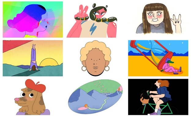 Drawn self-portraits of the authors participating in the exhibition.  From top to bottom and from left to right, Ana Galvañ, Genie Espinosa, Roberta Vázquez, María Medem, Nadia Hafid, Miriampersand, Bárbara Alca, Marta Cartu and Conxita Herrero