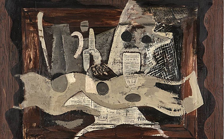 Imagen principal - Arriba, 'Naturaleza muerta con conejo. Composición fuera del marco' (1926). Sobre estas líneas, de izquierda a derecha, 'El maniquí rosa' (1925) y retrato de Francisco Bores en su estudio, 1953. Fotografía de Henri Cartier-Bresson con dedicatoria a Carmen Bores