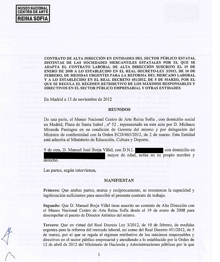 Imagen - En la foto, el contrato suscrito en 2012, que acomete una adaptación a la nueva normativa vigente sin tener en cuenta las exigencias de la ley propia del Reina Sofía, aprobada en 2011