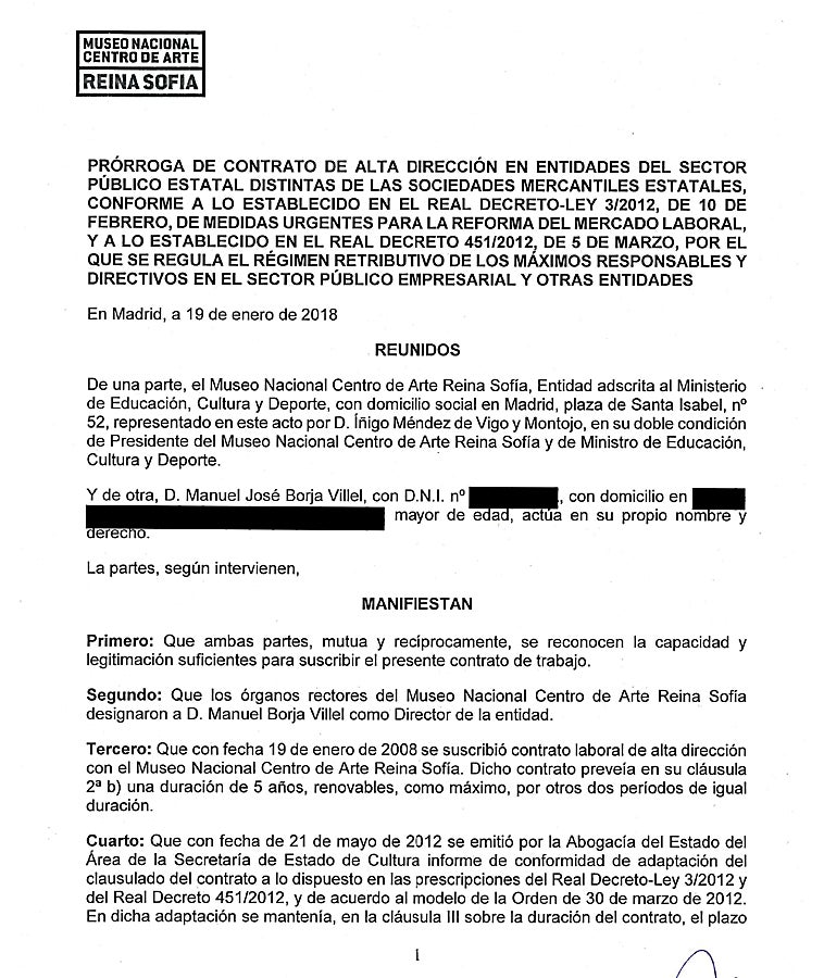 Imagen - Prórroga suscrita en 2018, la segunda después de la de 2013, con la que Borja-Villel se ha mantenido diez años como director del centro al margen de la ley