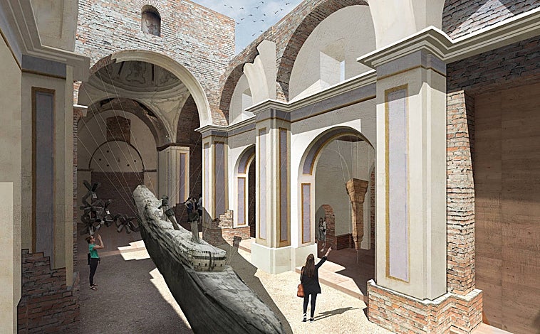 Imagen principal - Arriba, infografía del futuro Collegium. Sobre estas líneas, Javier Lumbreras y Lorena Pérez-Jácome. A la derecha, obra de Laura Provost de la colección