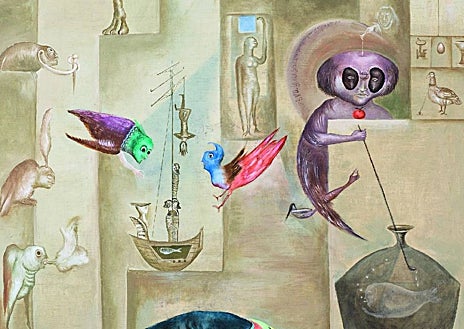 Imagen secundaria 1 - Sobre estas líneas, detalle de 'Santuario para las Furias' de Carrington, y 'Luz emergente', de Remedios Varo. Sobre estas líneas, fragmento de 'Carro de Molly Malone', de Leonora