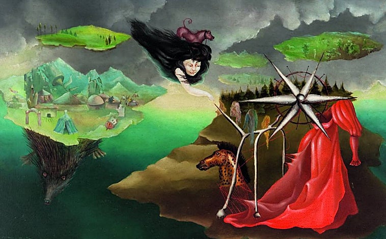 Imagen principal - Arriba, una obra de Leonora Carrington. Abajo, arte ucraniano de vanguardia y trabajos de Margarita Azurdia