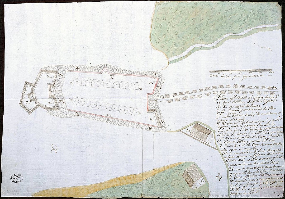 Planta del castillo de San Lorenzo de Chagre realizada en 1689  por el ingeniero Juan Bautista de la Rigada, que muestra en su extremo izquierdo lo que han encontrado: hornabeque, baluartes, foso y contraescarpa.