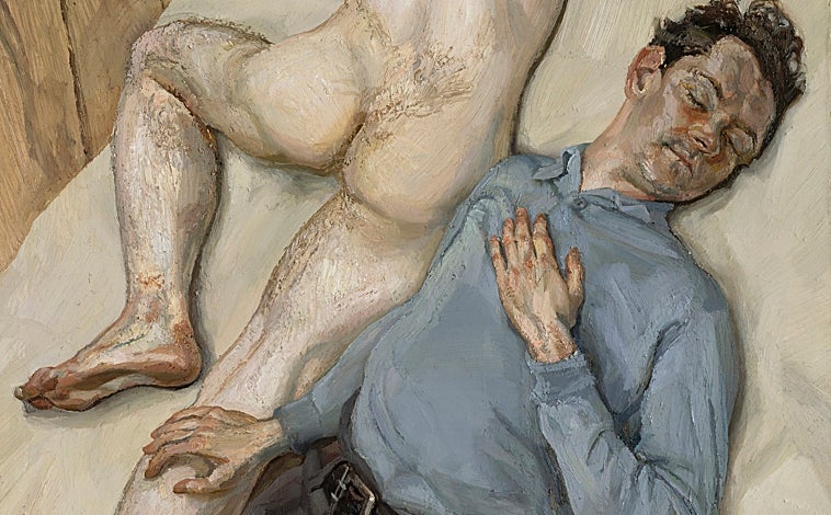 Imagen principal - Sobre estas líneas, retrato del Barón Thyssen que Francesca, su hija, acaba de regalar al Museo madrileño. A la derecha, ‘Gran interior. Notting Hill’ (1998). Arriba, 'Dos hombres' (1987)