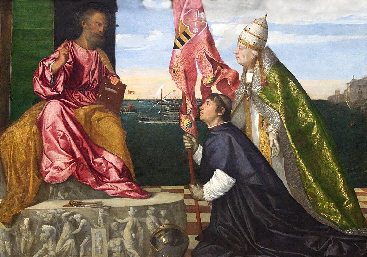 Cuadro de Tiziano que retrata a Alejandro VI buscando inspiración en San Pedro para sus bulas