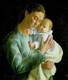 Imagen secundaria 2 - Tres de las obras de Rosario de Velasco de los años 30 y 40 que busca su familia para la exposición en el Museo Thyssen. Arriba, 'Las cuatro estaciones', un biombo vendido en Madrid. Sobre estas líneas, a la izquierda, 'Gitanos. La siesta', subastado en Fernando Durán en 1999. A la derecha, 'Maternidad' (1933), vendido en la sala de subastas Castellana 150, también en 1999