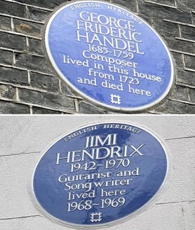 Imagen secundaria 2 - Fachada de la Casa Handel Hendrix, en la Brook Street de Londres; las reconstrucciones de los dormitorios de los dos músicos; y las placas que recuerdan su estancia