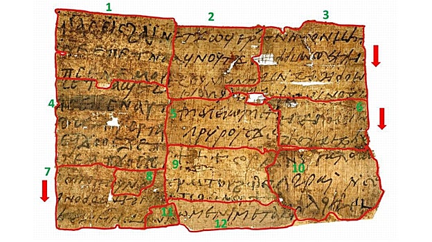 Los diferentes fragmentos procedentes de tres papiros que conforman el documento que encabeza el texto