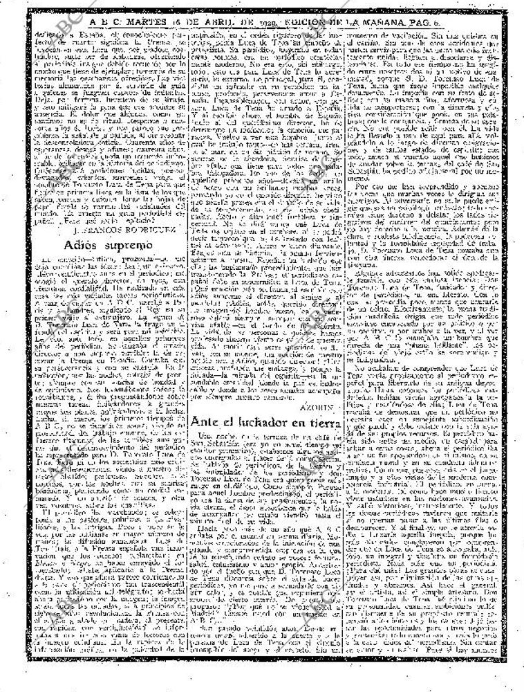 Imagen - El artículo de Azorín titulado 'Adiós supremo' se publicó el 16 de abril de 1929