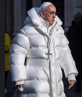 Imagen secundaria 2 - De arriba abajo: 'El duque de Alba asesina a ciudadanos inocentes en los Países Bajos' (1572), una foto que ilustró una noticia falsa del periódico de Hearst para justificar la guerra hispano-americana y una foto del Papa Francisco creada con inteligencia artificial