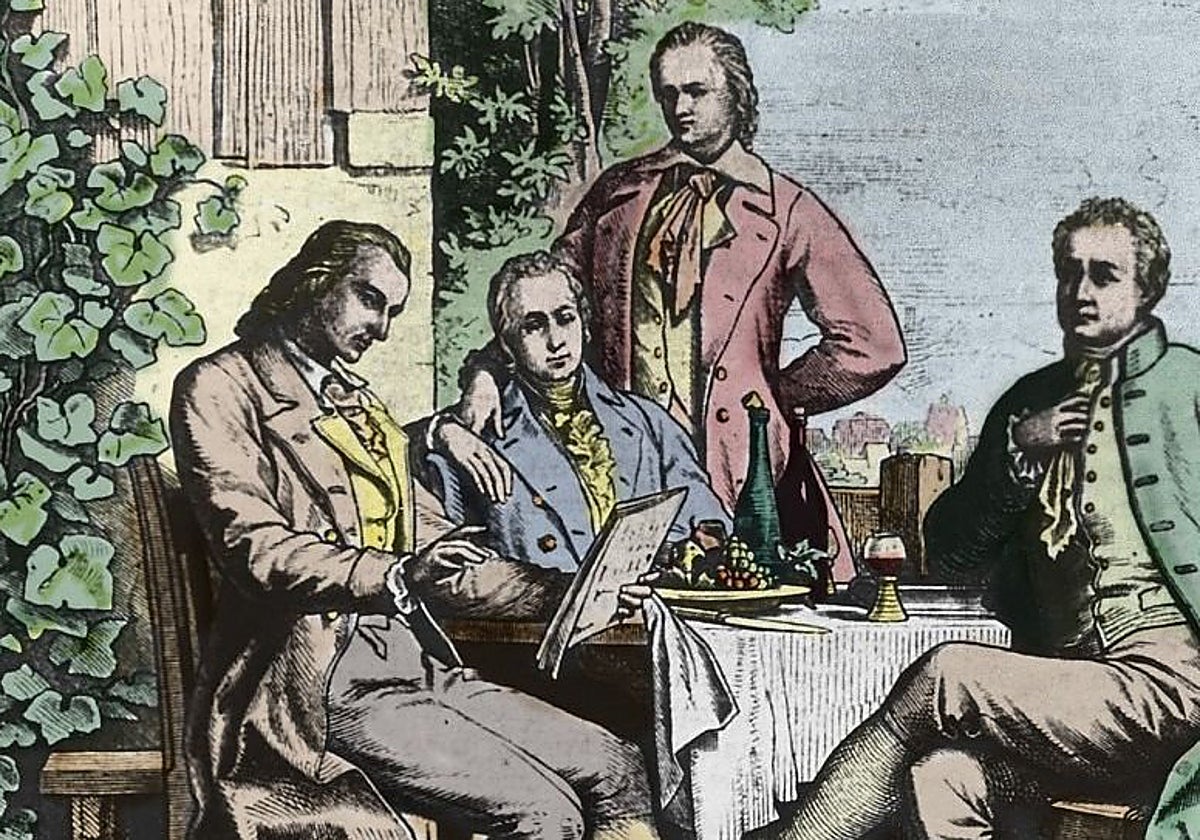 Reunión en Jena. De izquierda a derecha, Friedrich Schiller, Wilhelm, Alexander von Humboldt y Goethe
