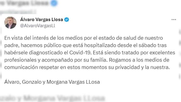 Vargas Llosa, hospitalizado por covid desde el pasado sábado