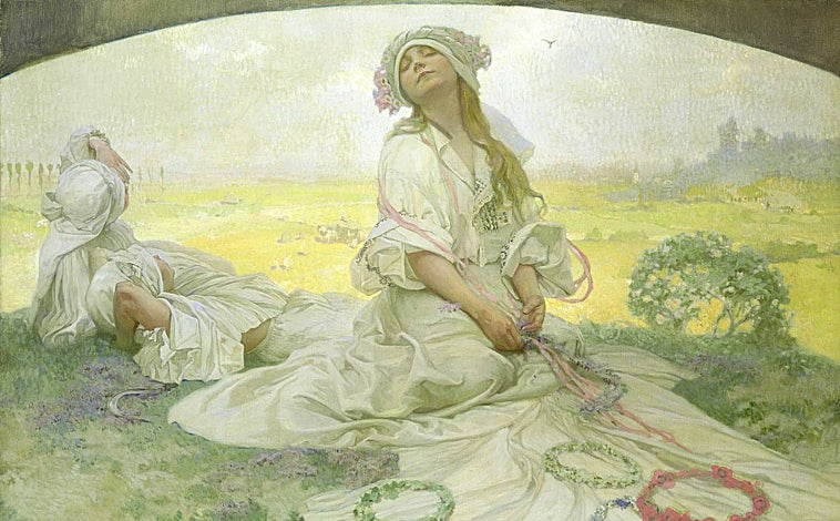 Imagen principal - Mucha, fotografiado aquí en 1901 con los carteles  de Sarah Bernhardt, 