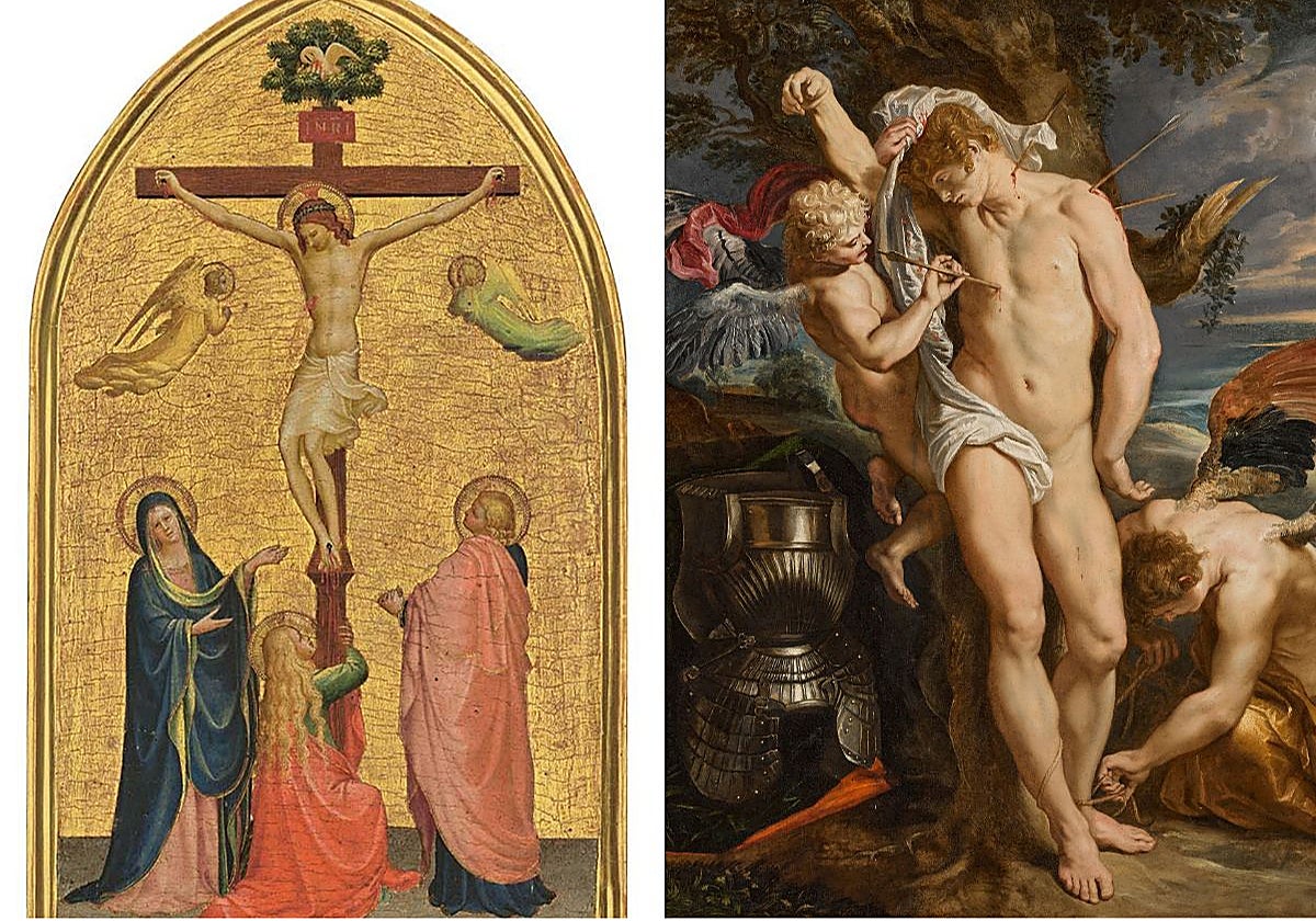 A la izquierda, 'La Crucifixión, con la Virgen, San Juan Bautista y la Magdalena', de Fra Angelico. A la derecha, 'San Sebastián atendido por dos ángeles', de Rubens